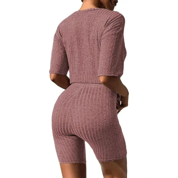 2 Piece Lounge Sets Ribbed Knit Matching Outfits T-Shirt Biker Shorts  Sleepwear - Picture 2 of 3